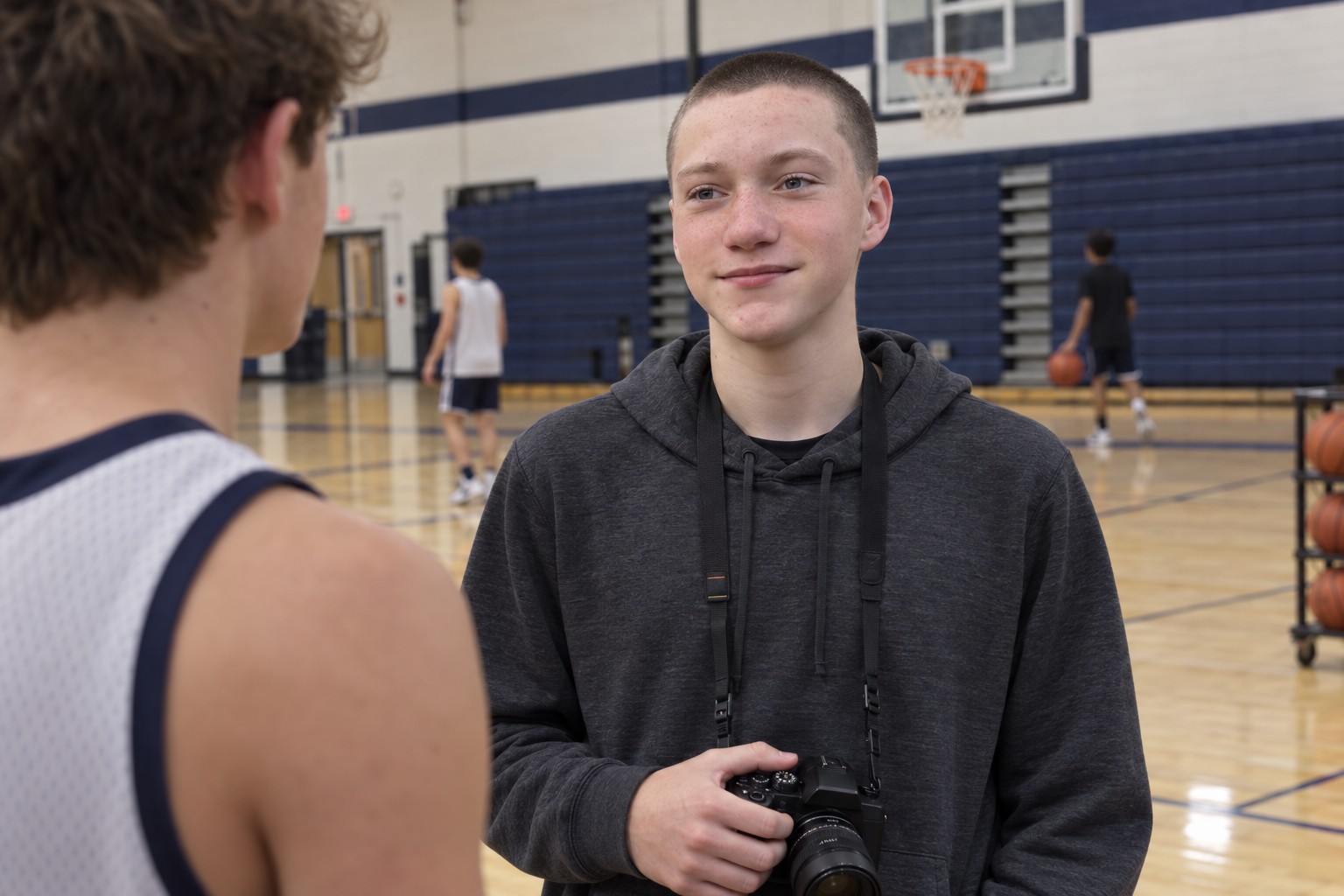 AI promotional scene of Fritz talking with a basketball player, his camera around his neck