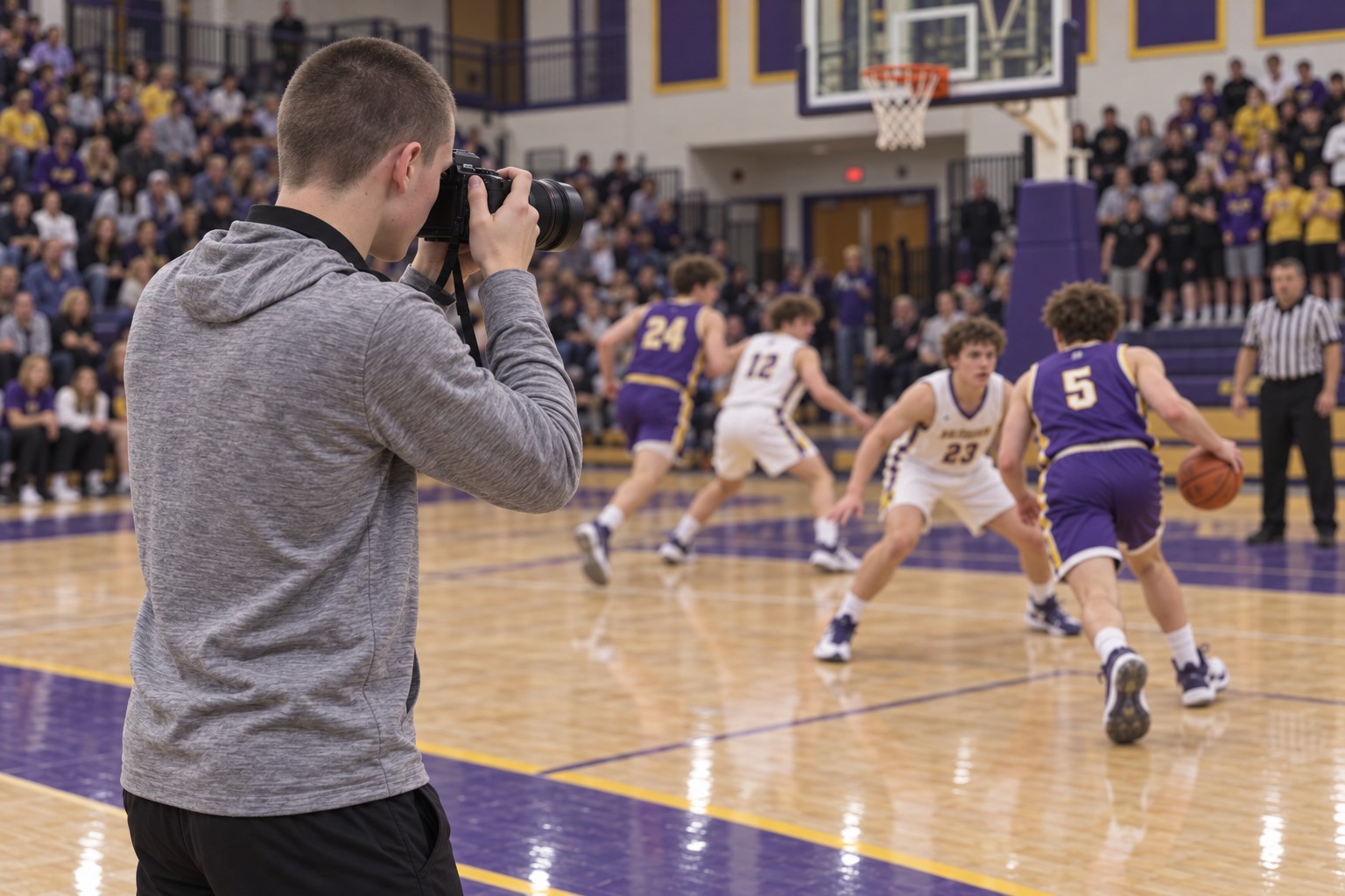 AI promotional scene of Fritz looking through his camera toward basketball action on the court